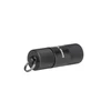black cylindrical Olight flashlight with a keyring on a white background