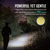 Powerful yet gentle 150 lumen CSP LED light illuminating a person walking on a dark path at night, providing a soft beam.