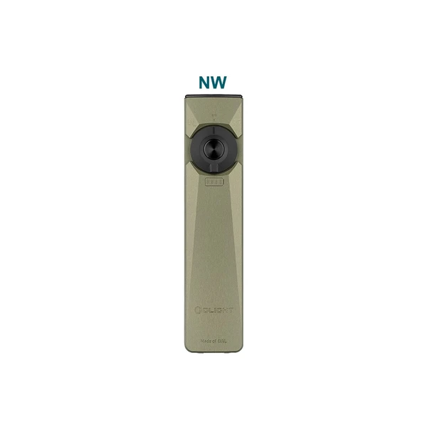 Olight Arkfeld flat EDC flashlight in neutral white and olive green body, isolated on white background.