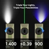 EDC flashlight with three modes including white light, green laser beam, and UV light showing lumen and milliwatt specs