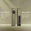 Olight Arkfeld Ultra olive green EDC flashlight showing front and back views with pocket clip on textured background.