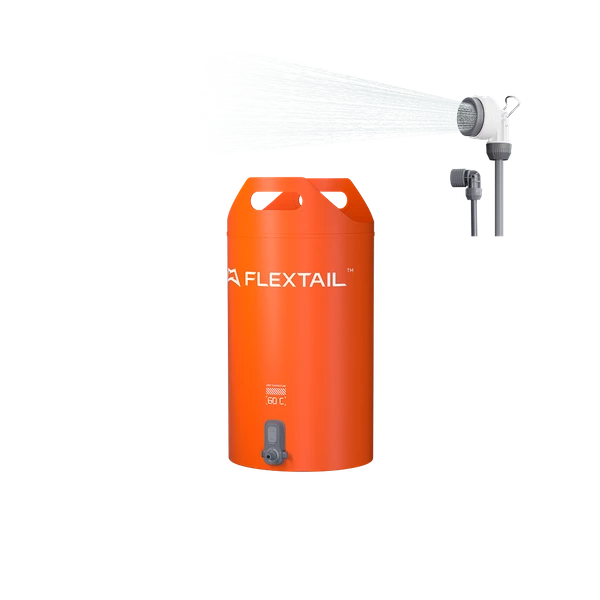FLEXTAIL portable outdoor shower system, orange water tank, shower head with water spraying out