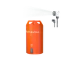 Portable outdoor shower set with orange water storage barrel and shower head spraying water