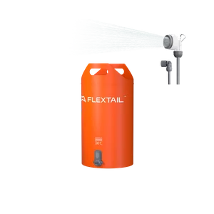 Portable outdoor shower set with orange water storage barrel and shower head spraying water