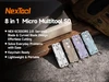 NexTool 8 in 1 Micro Multitool S0 in four colors on a wooden surface with product features list