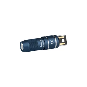 Dark blue iMini 2 keychain flashlight, compact and portable, showing the charging port and textured grip.