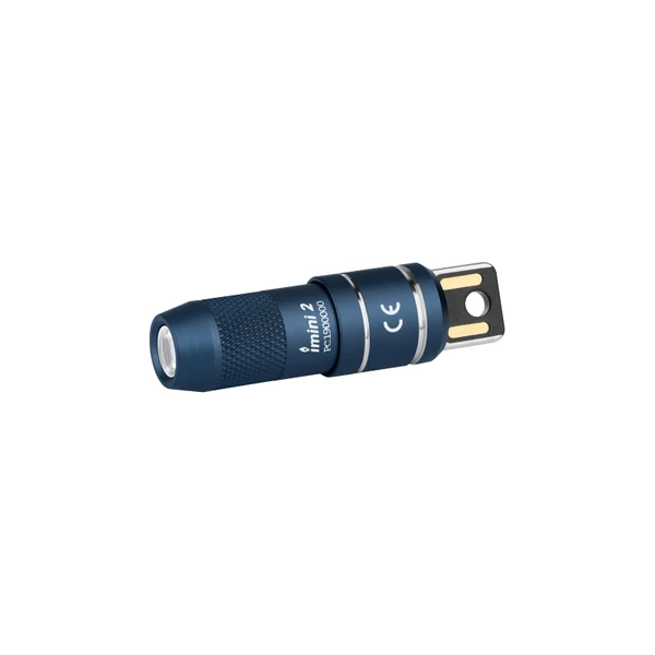 Dark blue iMini 2 keychain flashlight, compact and portable, showing the charging port and textured grip.