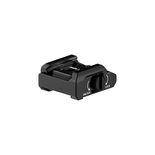 Black camera cold shoe mount with lock/unlock knob, S-Mount label