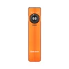 Olight Arkfeld UV, an orange flashlight with UV light and white light, control switch, and battery indicators