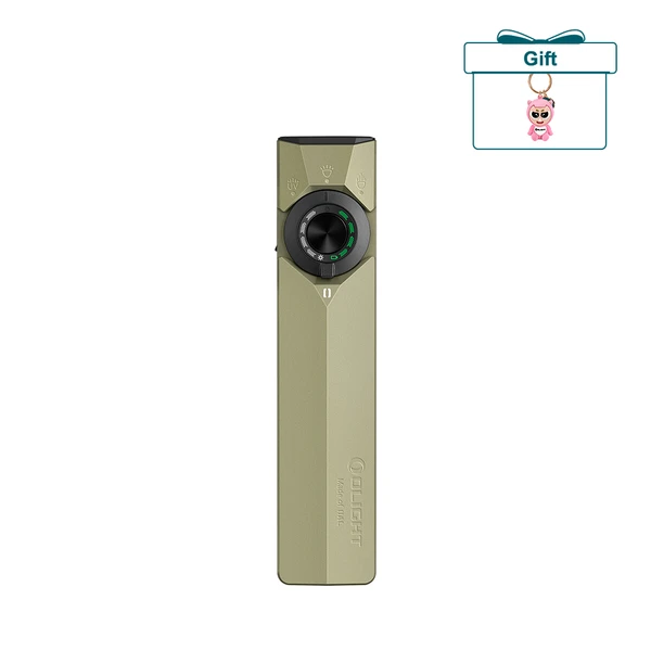Olight ArkPro Lite front view, olive green with topographic pattern, featuring a rotating control knob for versatile lighting.