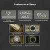 Flashlight features showing O-aluminum material, 2500 lumens, 55-day battery, aggressive bezel, and textured tail button.