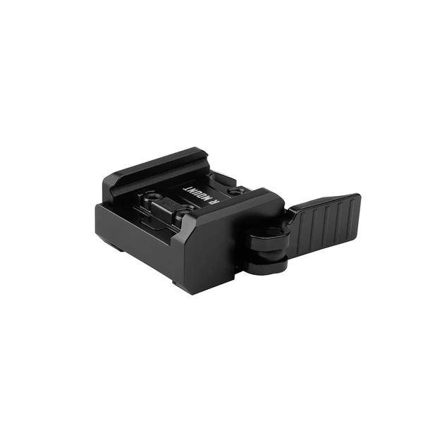 Black metal cold shoe mount adapter with R Mount text