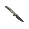 Black blade DREVER folding knife with textured green handle and pocket clip.