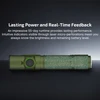 Green tactical flashlight, Olight Warrior X, with textured grip, showing battery indicator and long-lasting power.