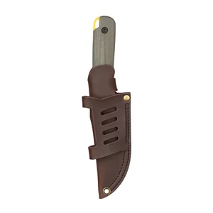 Tactical hunting knife with olive green micarta handle and full-grain leather sheath, fixed blade survival knife for outdoorsmen