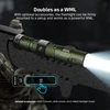 Olight green tactical flashlight with remote switch, mounted on a rifle, showing bright beam, used as WML