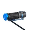 Olight Baton 3 Premium Edition flashlight in black and blue, with charging cable attached, for everyday carry and outdoor use.