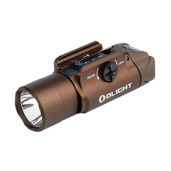 Olight Desert Tan PL TURBO Weapon Light, close up view for tactical applications