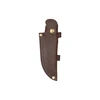 Dark brown leather knife sheath with brass snaps and black stitching