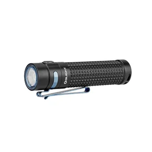 Olight black pocket flashlight with textured grip and blue pocket clip isolated on white background