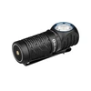 Olight compact right-angle black LED flashlight with pocket clip and magnetic base on white background