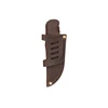 Brown leather knife sheath with four slots and brass snap closure.