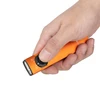 Hand pressing button on orange EDC flashlight with UV light and main beam