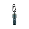 Dark teal compact flashlight with gold accents, textured grip, and black carabiner clip.