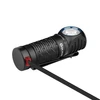 Olight black right-angle LED flashlight with magnetic charging cable attached on white background