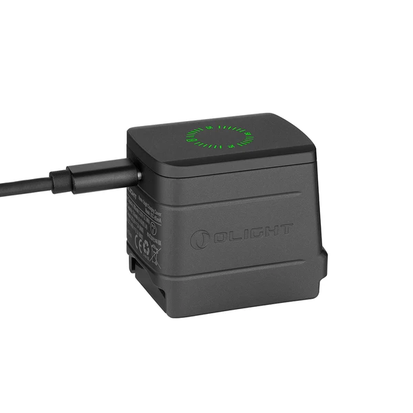 Black portable power bank with green LED battery level display.