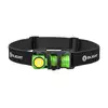 Olight green LED headlamp with adjustable black headband on white background