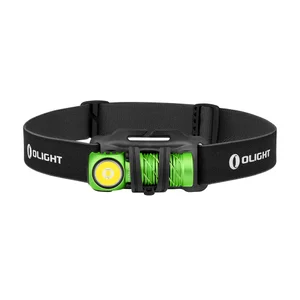 Olight green LED headlamp with adjustable black headband on white background