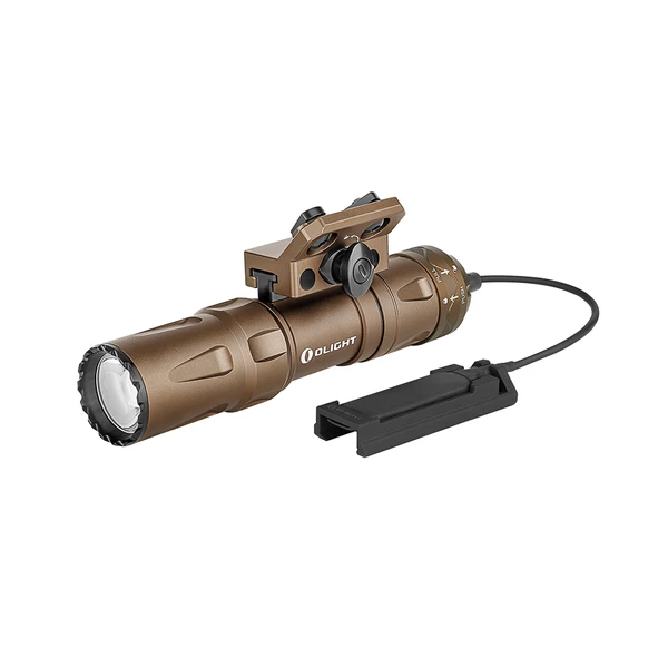 Olight tan tactical weapon light with remote pressure switch and rail mount.
