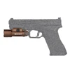 Olight Desert Tan PL TURBO Weapon Light mounted on a gun for tactical and self-defense scenarios.