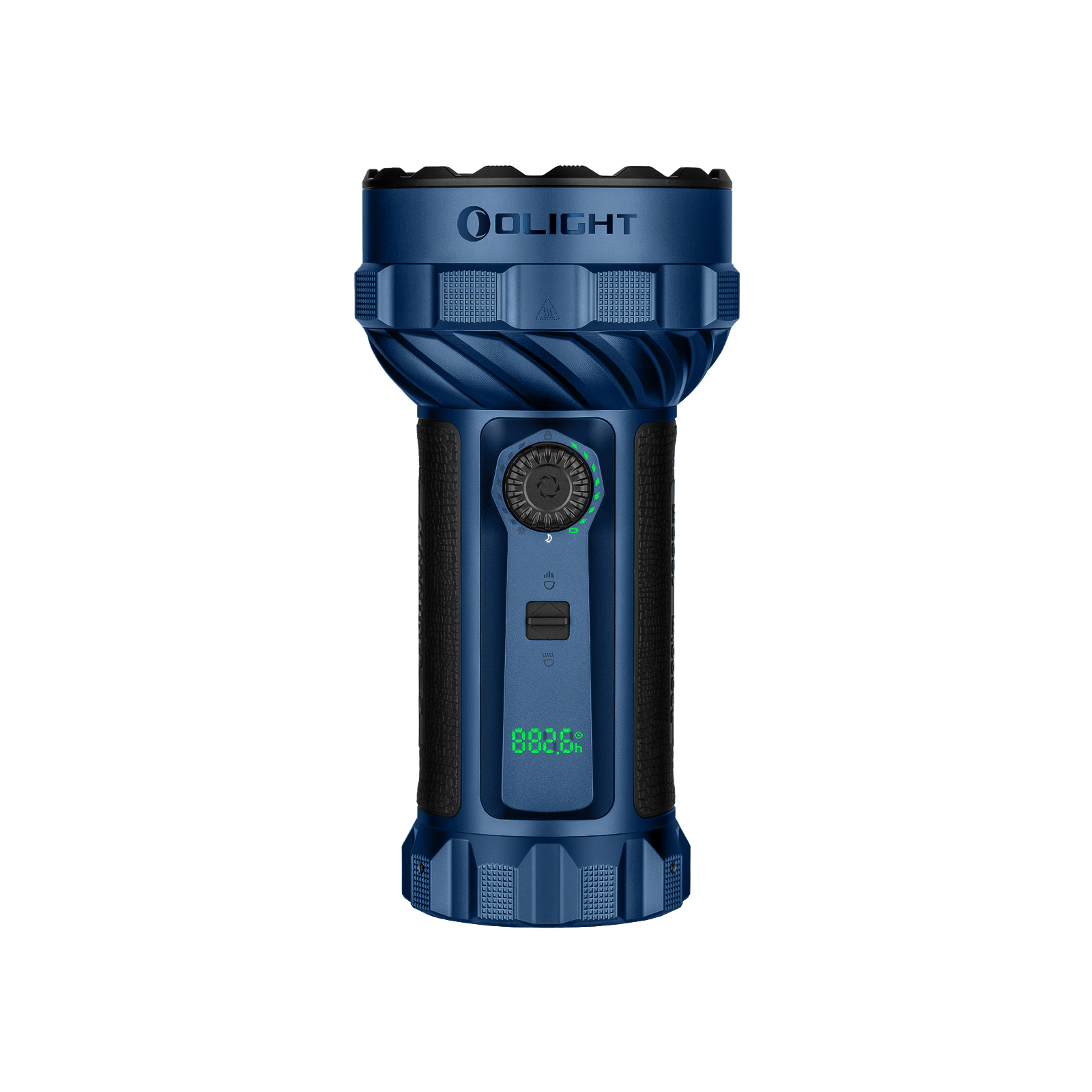Olight Blue Marauder 2 Powerful Flashlight Front View with LED Display and Rotary Switch for Search and Rescue