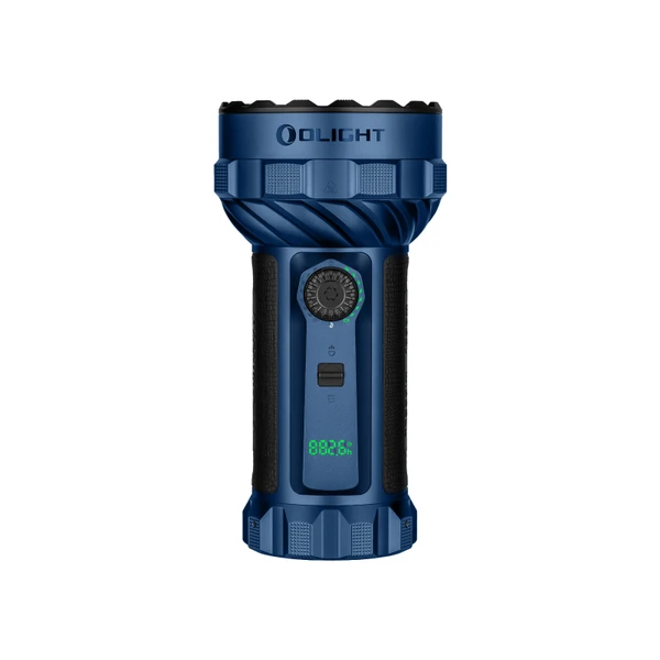 Olight Blue Marauder 2 Powerful Flashlight Front View with LED Display and Rotary Switch for Search and Rescue