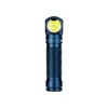 Blue angled flashlight with three yellow LED bulbs, textured grip, and USB-C charging port.