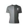 Two-tone gray t-shirt, light gray on left, dark gray on right, with white logo and text "Rethink Light. Reimagine Style."