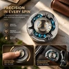 Premium mechanical fidget spinner with gold pattern and blue beads, showing smooth rotation and portable EDC pocket size.