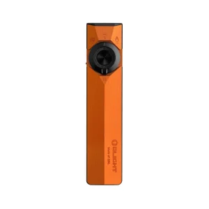 Olight Orange ArkPro Flat Flashlight Front View with Laser and UV Light Switch for Everyday Carry and Outdoor Use