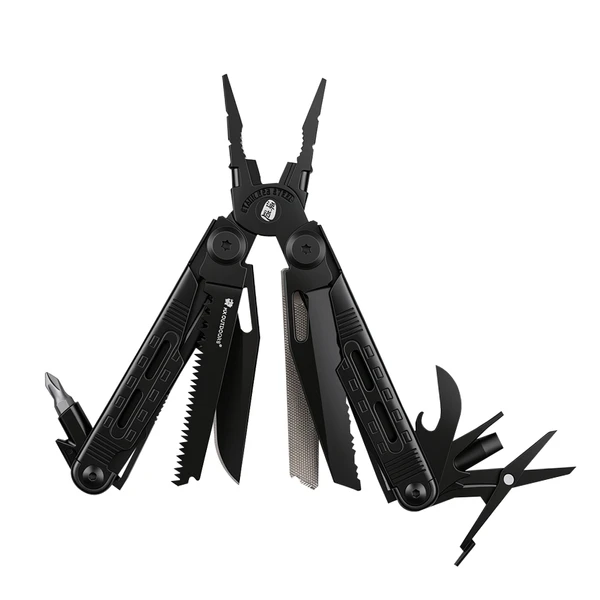 Black stainless steel multi-tool pocket knife with pliers, saw, screwdriver and scissors for camping survival.