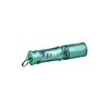 Green mini keychain flashlight featuring dark blue palm tree patterns and wave design details.