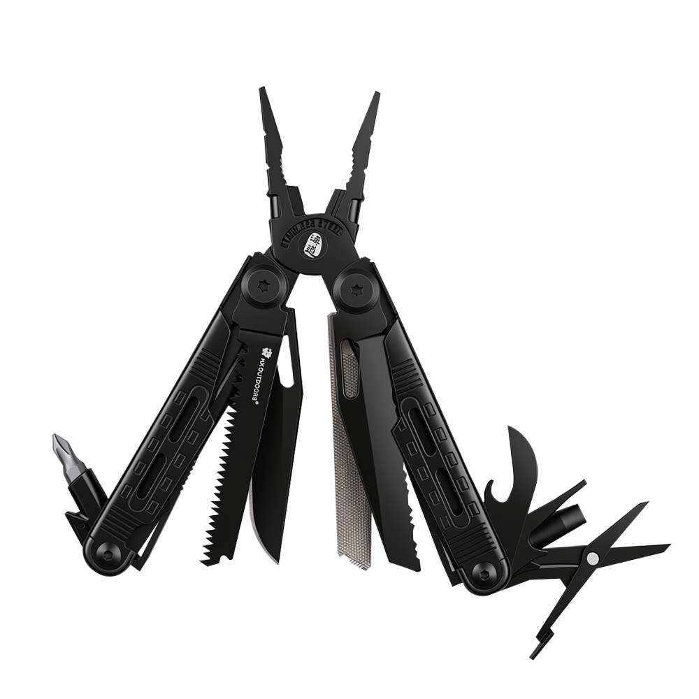 Black multi-tool pliers with screwdriver, saw, knife, and scissors for EDC survival gear on white background