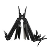 Black multi-tool pliers with screwdriver, saw, knife, and scissors for EDC survival gear on white background