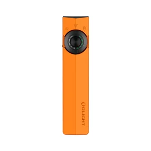 Olight Orange ArkPro LED flashlight with rotating switch and indicator lights for various lighting modes.
