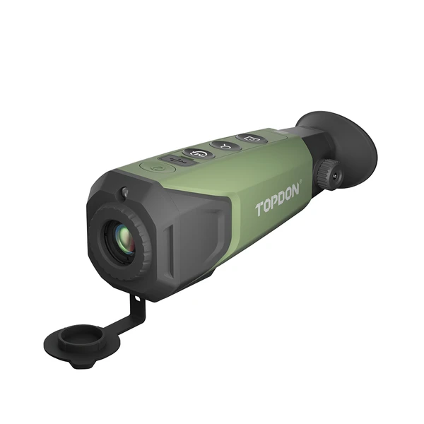 TOPDON TS001 thermal imaging monocular, green, displaying wireless connectivity to a smartphone for enhanced viewing