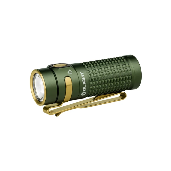Olight Green Baton 4 Premium Side View with Gold Accents and Pocket Clip for Everyday Carry