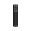 Black Baton tactical flashlight with blue accents and textured grip on white background