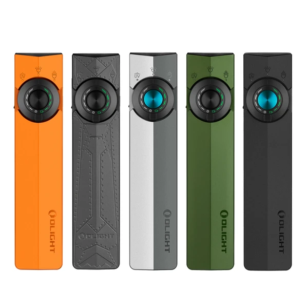 Olight Black ArkPro Top View with a Blue Control Dial and Functional Icons for Illumination and UV Light