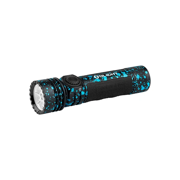 Olight Black and Blue Splatter Seeker 4 Pro Flashlight Side View with Textured Grip for Outdoor and Tactical Use